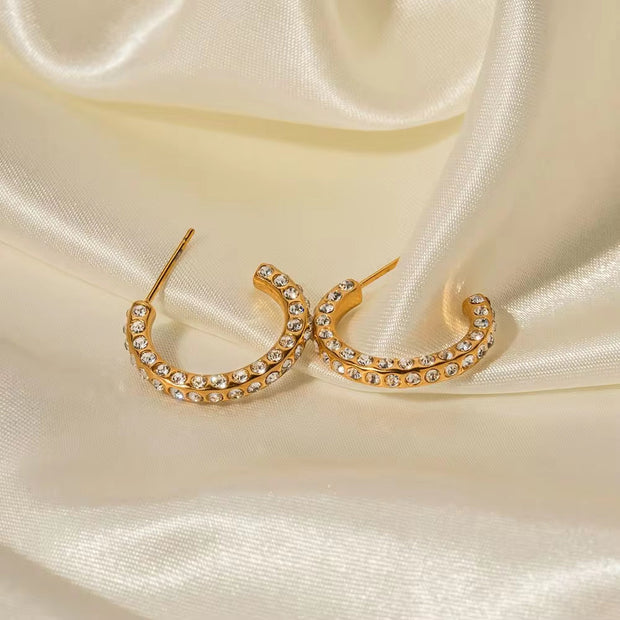 Waterproof 18K Gold Plated CZ Stone Earring Stainless Steel Pave Clear Cubic Zirconia CC Hoop Earring for Girls