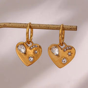 Tarnish Free Shining Zircon Jewelry Heart Drop Earrings Gold Plated Jewelry Stainless Steel Gold Hoop Earring