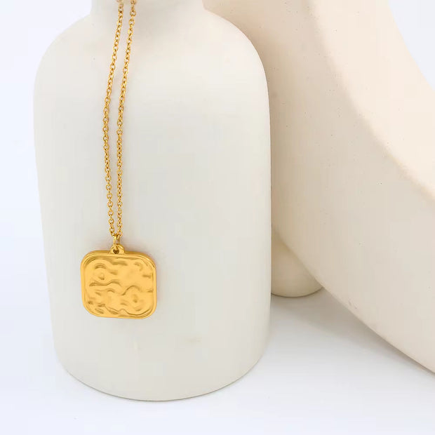 Women Stylish Textured Square Stainless Steel Pendant Necklace High Quality Gold Color Daily Wear Jewelry