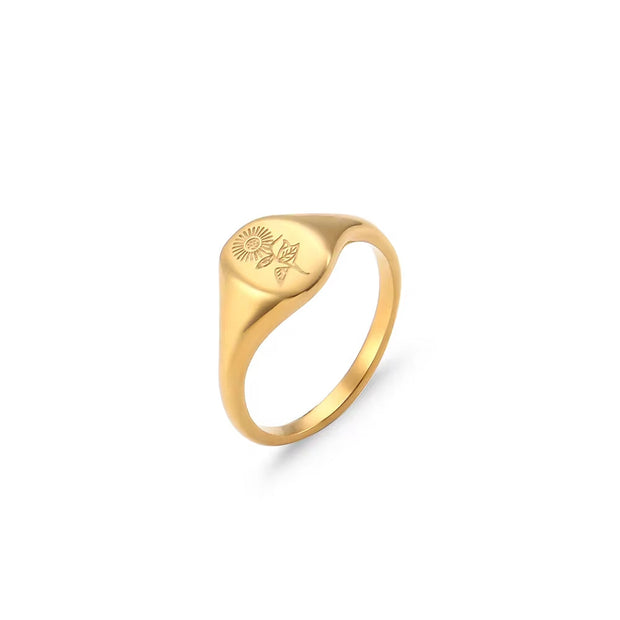 Tarnish Free Sunflower Signet Rings Set PVD 18K Gold Plated Stainless Steel Chunky Rings, Women Jewelry