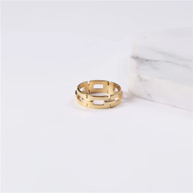 Water Proof 18K Plain Gold Chain Shape Hollow Ring Stainless Steel Trendy Simple Gold Plated Jewelry
