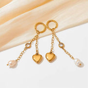 18K Gold 316 Stainless Steel Chain Link Natural Pearl Heart Long Drop Dangle Earrings for Women Waterproof Jewelry