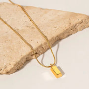 Waterproof 18K PVD Gold Plated Thin Snake Chain Simple Stainless Steel Brick Square Pendant Necklace for Women