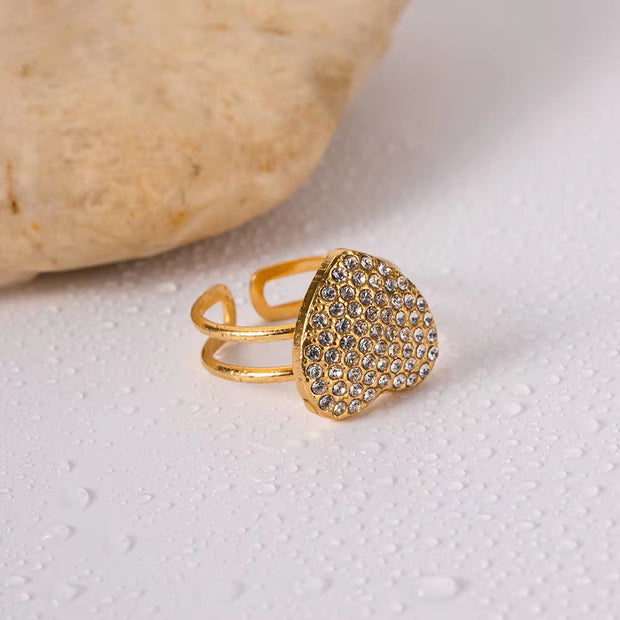 Wholesale No Tarnish 18K Gold Plated Heart Shaped Diamond Stainless Steel Double Layer Opening Rings
