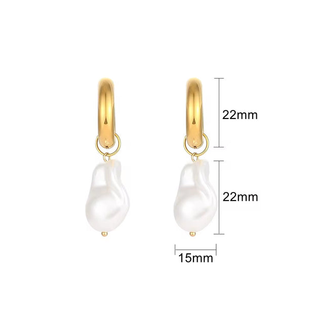 Vintage Baroque Pearl Charms Hypoallergenic Tarnish Free Stainless Steel Gold Hoop Earrings for Women