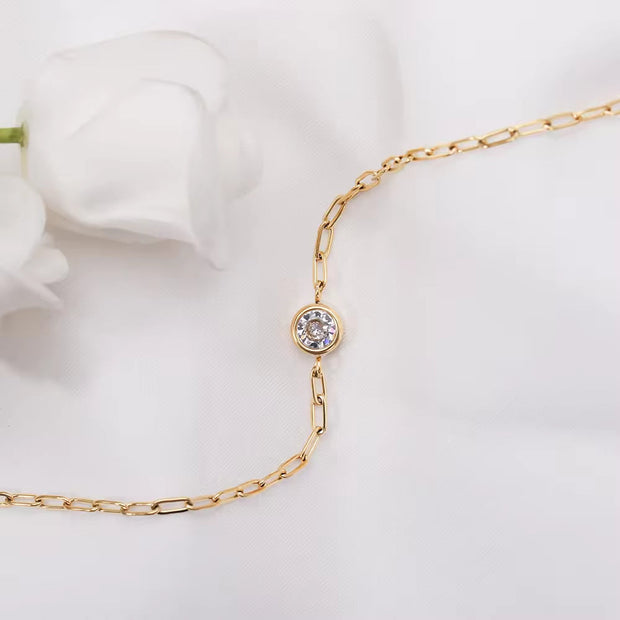 18K PVD Gold Plated Waterproof Stainless Steel Paper Clip Chain round Zirconia Bracelet for Women Wholesale Jewelry