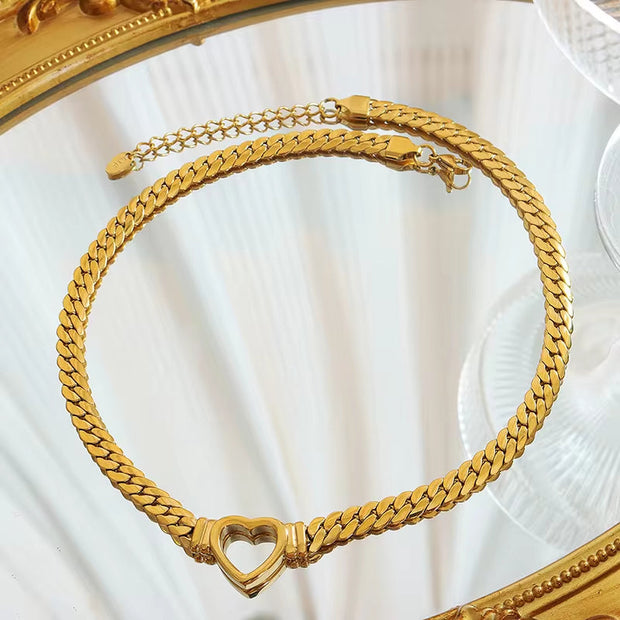 18K PVD Gold Plated Heart Shape Stainless Steel Cuban Chain Necklace Tarnish Free & Waterproof Jewelry