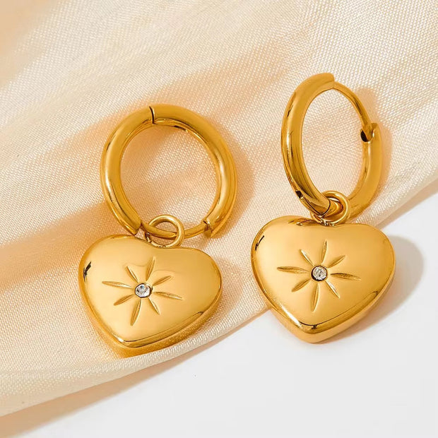 Wholesale Custom Pvd 18K Gold Plated Stainless Steel Jewelry North Star Heart Dangle Charm Hoop Earrings