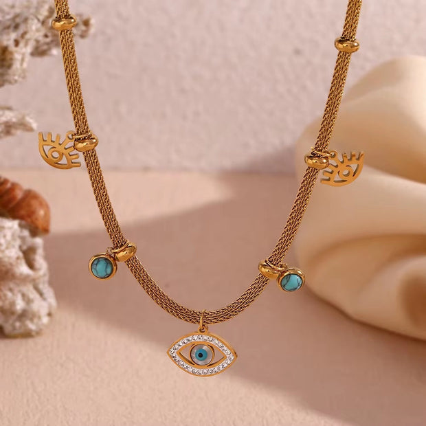 Vintage Turquoise Evil Eye Jewelry Gemstone Charm Choker Gold Plated Chain Necklace Stainless Steel Jewelry