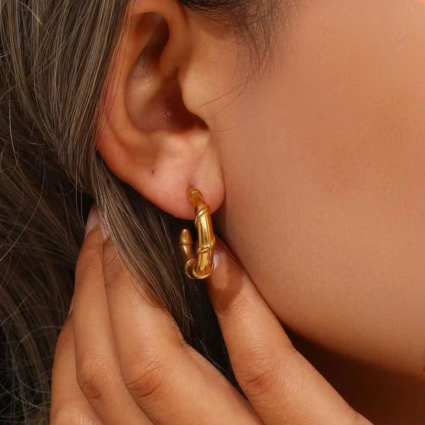 Trendy 18K Gold Plated Bamboo Shape Gold Hoop Earrings Tarnish Free Stainless Steel Earrings Women