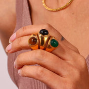Vintage Black Brown Emarald Gemstone Ring in Titanium 18K Gold Plated Stainless Steel Opal Rings for Women Jewelry