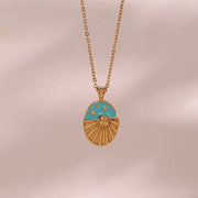 Vintage Oval Shape Enamel Sun Star Design Pendant Necklace Tarnish Free 18K Gold Plated Stainless Steel Necklace