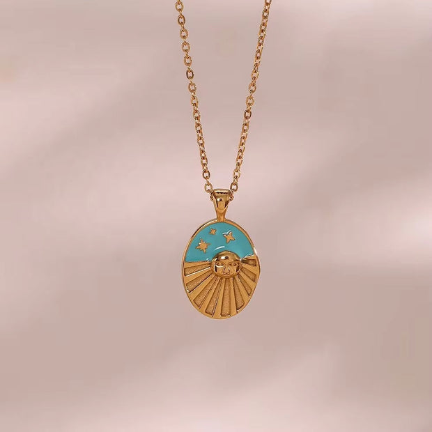 Vintage Oval Shape Enamel Sun Star Design Pendant Necklace Tarnish Free 18K Gold Plated Stainless Steel Necklace