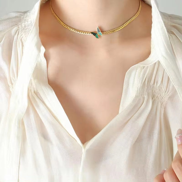 Y2K Custom Gold Plated Fashion Jewelry Long Curb Chain Enamel Pendant Butterfly Necklace Stainless Steel Women