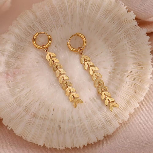 Vintage 18K Gold Plated Fish Tail Shape Tassel Chain Earring Stainless Steel Dangle Drop Earring