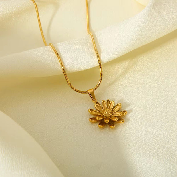 18K Gold Flower Necklace Stainless Steel Double Layer Gold Colors Daisy Flower Pendant Necklace for Women