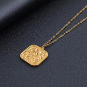 Women Stylish Textured Square Stainless Steel Pendant Necklace High Quality Gold Color Daily Wear Jewelry