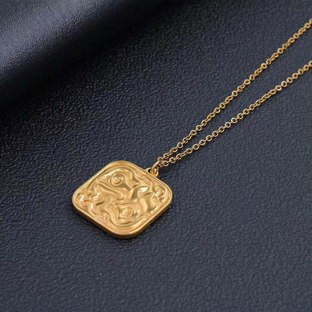 Women Stylish Textured Square Stainless Steel Pendant Necklace High Quality Gold Color Daily Wear Jewelry