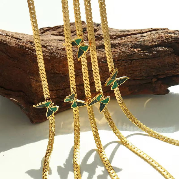 Y2K Custom Gold Plated Fashion Jewelry Long Curb Chain Enamel Pendant Butterfly Necklace Stainless Steel Women