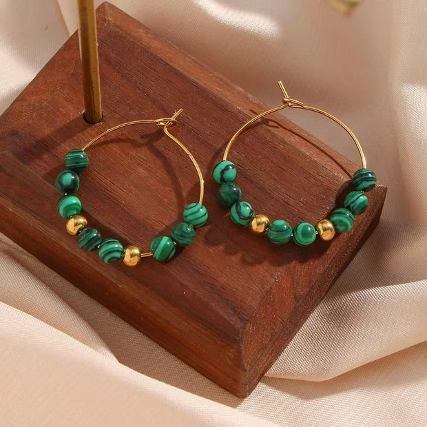 Vintage Natural Stone Earring Beaded Gold Plated Stainless Steel Hoop Earring Handmade Beaded Earrings