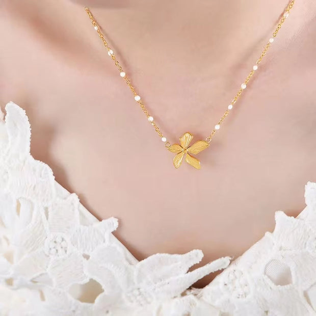 Vintage French Style Flower Chain Necklace Jewelry 18K Gold Stainless Steel Waterproof Minimalist Pearl Flower Necklace