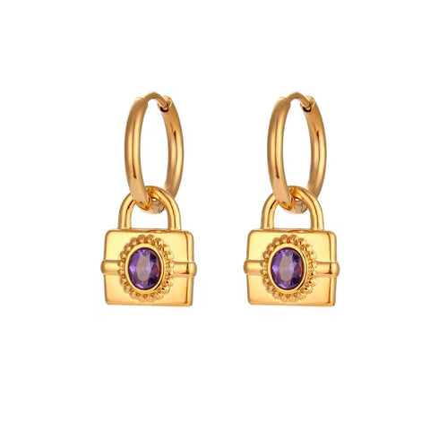 Vintage 18K Gold Plated Zircon Lock Shape Drop Earrings Stainless Steel Women Drop Earring