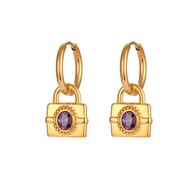 Vintage 18K Gold Plated Zircon Lock Shape Drop Earrings Stainless Steel Women Drop Earring