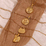 Vintage Jewelry Gold Plated Pendant Necklace Engraved Stainless Steel Jewelry Necklaces Set