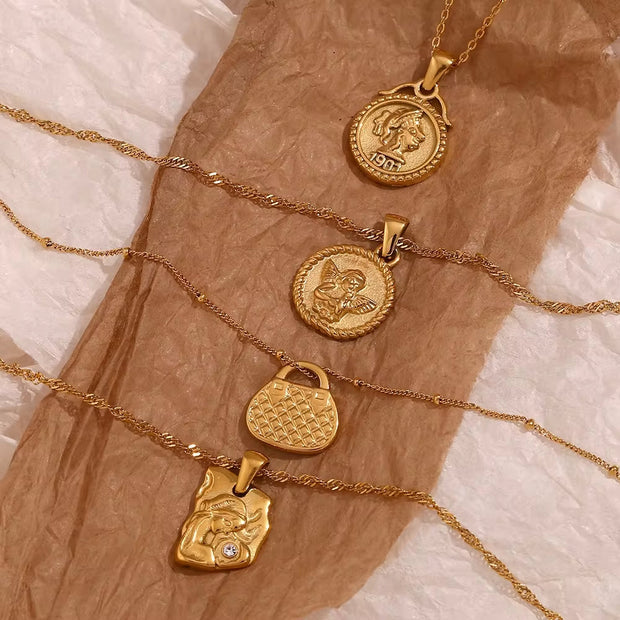 Vintage Jewelry Gold Plated Pendant Necklace Engraved Stainless Steel Jewelry Necklaces Set