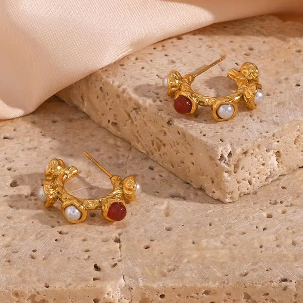 2023 New Arrivals Ruby Stud Earrings 18K Gold Plated Stainless Steel Pearl Bulk Wholesale Earrings