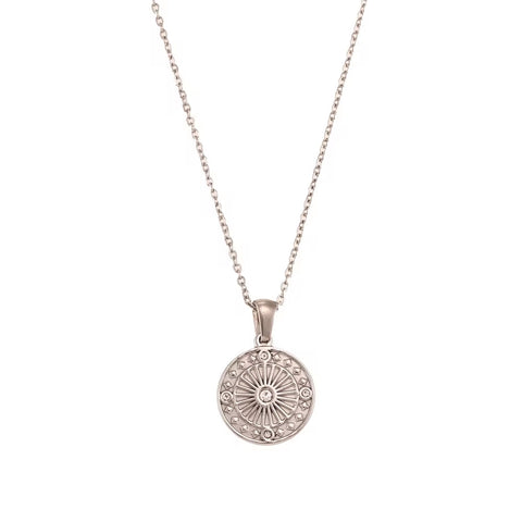 Vintage Engraved round Compass Shape Zircon Pendant Necklace 18K Gold Plated Stainless Steel Necklace