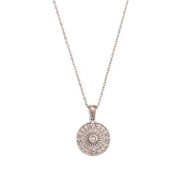 Vintage Engraved round Compass Shape Zircon Pendant Necklace 18K Gold Plated Stainless Steel Necklace