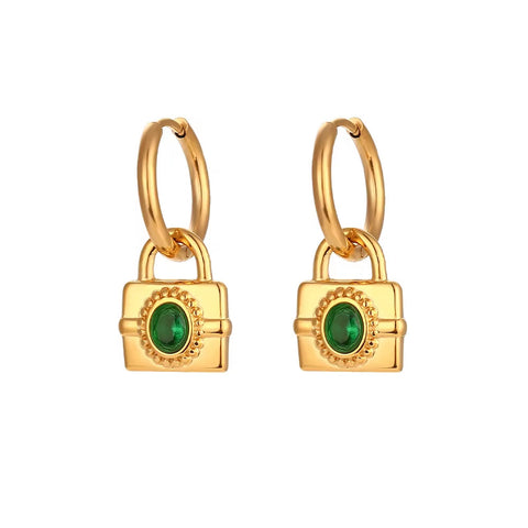 Vintage 18K Gold Plated Zircon Lock Shape Drop Earrings Stainless Steel Women Drop Earring
