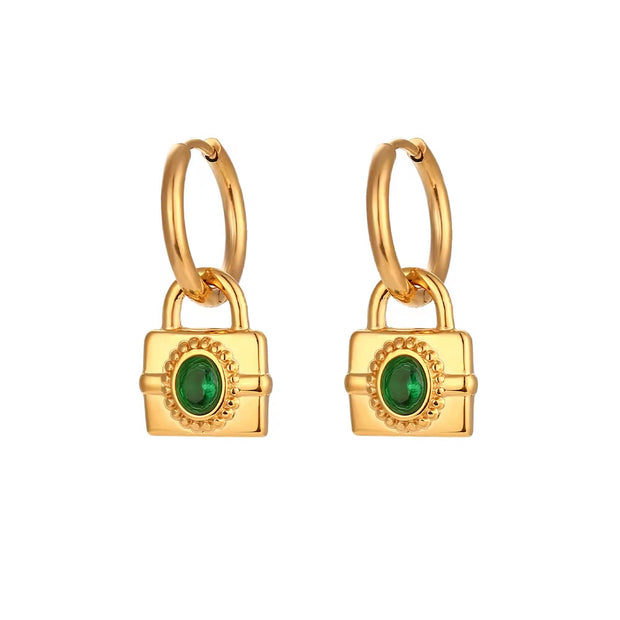 Vintage 18K Gold Plated Zircon Lock Shape Drop Earrings Stainless Steel Women Drop Earring