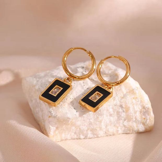 Vintage Square Acrylic Zircon Pendant Necklace 18K Gold Plated Stainless Steel Figaro Chain Necklace