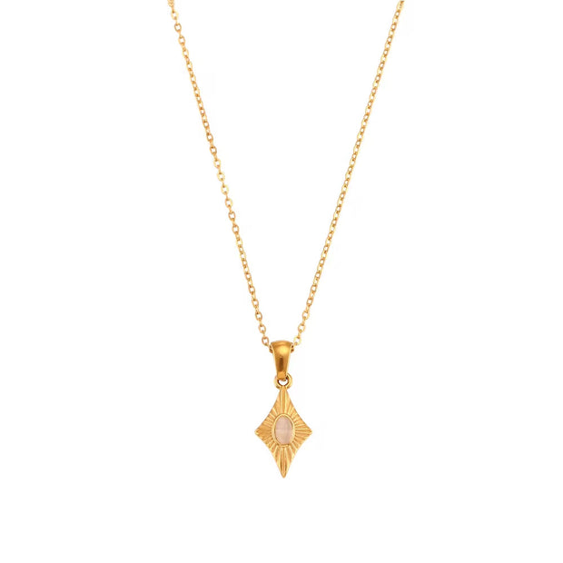 Vintage Engraved Rhombic Colorful Man-Made Opal Pendant Necklace 18K Gold Plated Stainless Steel Necklace Design Jewelry