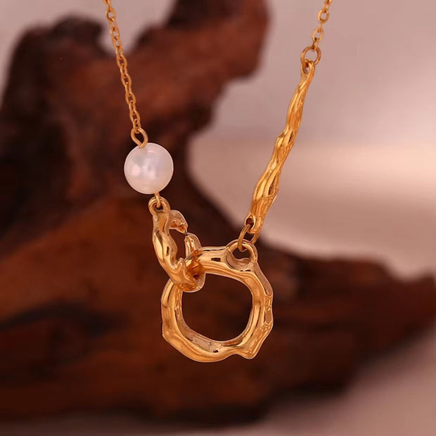 Vintage Jewelry Circle Cross Pearl Necklace 18K Gold Plated Stainless Steel Jewelry