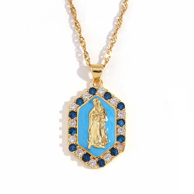 Valentine'S Day Jewelry Shining Zircon Virgin Mary Enamel Necklace Gold Plated Jewelry Stainless Steel Pendant Necklace