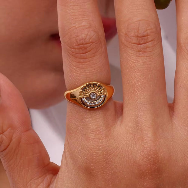 Vintage AAA Zircon Engraved Sun Moon Engagement Ring 18K Gold Plated Stainless Steel Signet Rings Jewelry Women