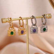Vintage 18K Gold Plated Zircon Lock Shape Drop Earrings Stainless Steel Women Drop Earring