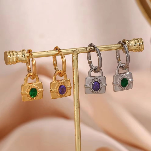Vintage 18K Gold Plated Zircon Lock Shape Drop Earrings Stainless Steel Women Drop Earring