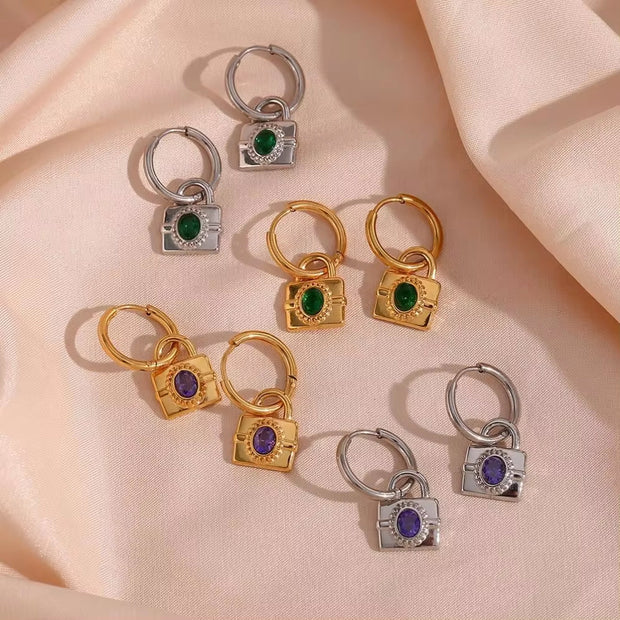 Vintage 18K Gold Plated Zircon Lock Shape Drop Earrings Stainless Steel Women Drop Earring