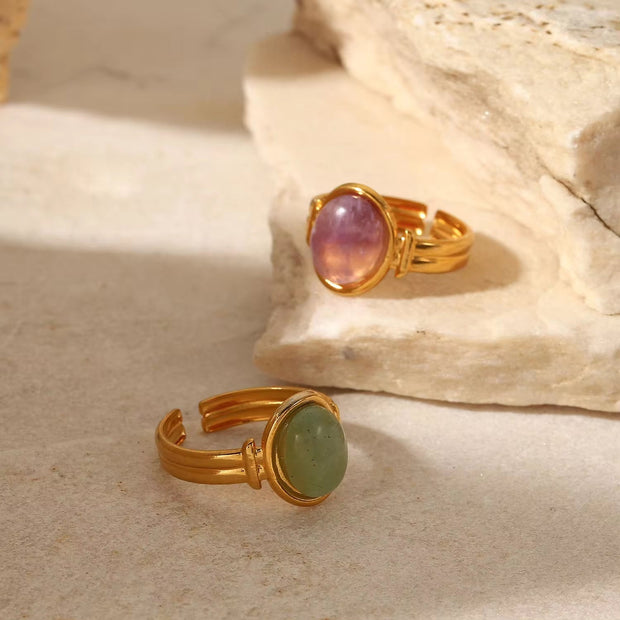 18K Gold Plated Stainless Steel round Natural Green Purple Stone Adjustable Rings for Women