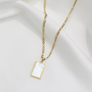 Tarnish Free Square Pendant 18K Gold Plating White & Green & Abalone Shell Figaro Chain Stainless Steel Necklace