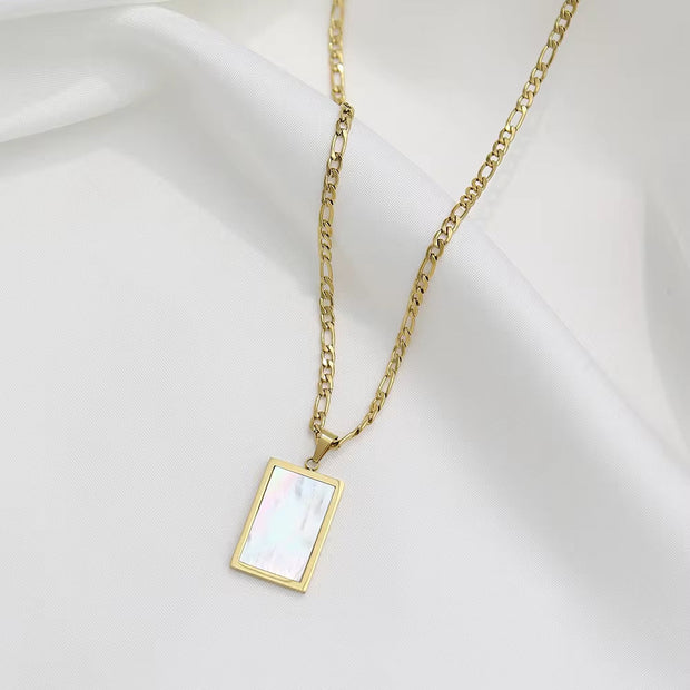 Tarnish Free Square Pendant 18K Gold Plating White & Green & Abalone Shell Figaro Chain Stainless Steel Necklace