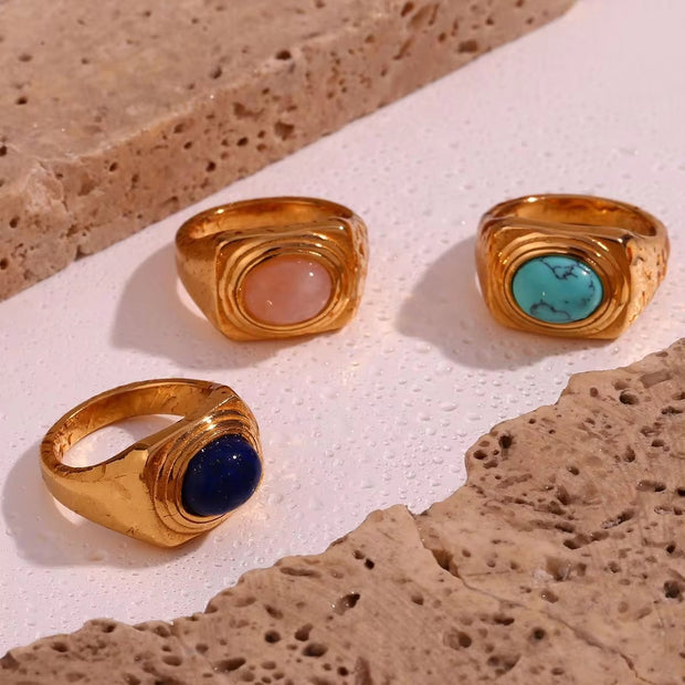 Vintage Water Proof Jewelry Gemstone Signet Rings PVD Gold Plated Stainless Steel Statement Ring