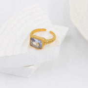 Women Non Tarnish Finger Jewelry 18K Gold Plated Stainless Steel Blue Clear White Cubic Zirconia Zircon Open Ring