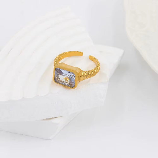 Women Non Tarnish Finger Jewelry 18K Gold Plated Stainless Steel Blue Clear White Cubic Zirconia Zircon Open Ring