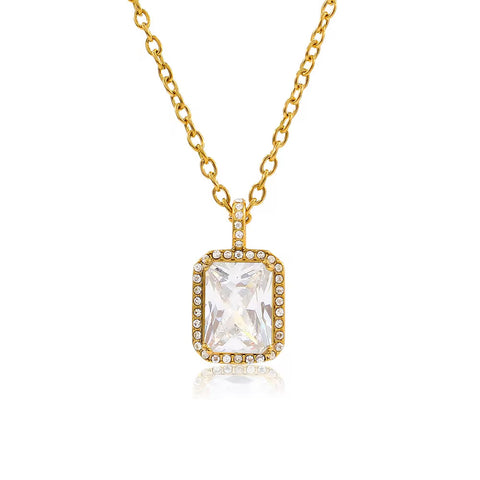 UEENSET Elegant Cubic Square Zircon Stainless Steel Pendant Necklace Charm Women'S Gold Plated Iced Out Neck Jewelry Waterproof
