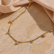 18K Gold Plated Snake Chain Necklace round Zircon Charm Stainless Steel Chain Choker Necklace